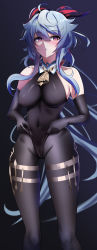 Rule 34 | 1girl, absurdres, bell, blue hair, blush, bodystocking, breasts, cameltoe, covered navel, elbow gloves, ganyu (genshin impact), genshin impact, gloves, goat horns, highres, horns, kyle (kysizzle), leotard, leotard pull, long hair, looking at viewer, medium breasts, neck bell, purple eyes, red horns, sidelocks, solo
