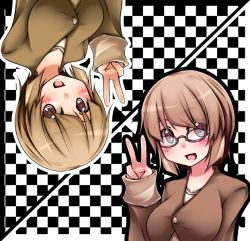 Rule 34 | 2girls, bad id, bad pixiv id, blush, breasts, brown hair, checkered background, glasses, large breasts, multiple girls, open mouth, original, pako (moto paco), red eyes, rotational symmetry, short hair, v