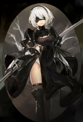 Rule 34 | 1girl, black dress, black gloves, black thighhighs, blindfold, breasts, center opening, cleavage, dress, facing viewer, gloves, hairband, highres, holding, holding sword, holding weapon, katana, long sleeves, md5 mismatch, medium breasts, nier (series), nier:automata, panties, parted lips, puffy long sleeves, puffy sleeves, saberiii, short hair, side slit, silver hair, solo, standing, sword, teeth, thighhighs, thighs, underwear, weapon, white panties, 2b (nier:automata)