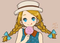 Rule 34 | 1girl, :q, aqua ribbon, bare shoulders, blonde hair, blue shirt, blush, braid, brown background, candy, closed mouth, dated, food, hair ribbon, hat, highres, holding candy, holding food, holding lollipop, lollipop, long hair, looking at viewer, polka dot, polka dot shirt, ribbon, sako (35s 00), shirt, signature, simple background, smile, solo, tongue, tongue out, tress ribbon, twin braids, white hat