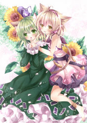 Rule 34 | 2girls, animal ears, anklet, bad id, bad pixiv id, barefoot, blush, brown eyes, brown hair, bug, butterfly, cat ears, cat girl, cat tail, dress, earmuffs, female focus, flower, green dress, green eyes, green hair, hat, headphones, insect, jewelry, kemonomimi mode, multiple girls, nanase nao, open mouth, own hands together, petals, short hair, sleeveless, sleeveless dress, smile, soga no tojiko, sunflower, tail, tate eboshi, touhou, toyosatomimi no miko