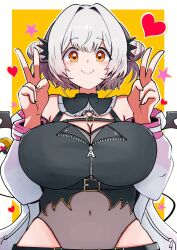 Rule 34 | 029skysky, 1girl, belt, black belt, black collar, black shirt, blush, breasts, chest belt, cleavage, closed mouth, collar, commentary request, cone hair bun, covered navel, double v, frilled collar, frills, grey hair, hair bun, hair intakes, heart, indie virtual youtuber, jacket, large breasts, looking at viewer, open clothes, open jacket, orange eyes, shirt, short hair, simple background, sleeveless, sleeveless shirt, smile, solo, star (symbol), suou patra, underbust, upper body, v, virtual youtuber, white background, white jacket, yellow background, zipper