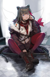Rule 34 | 1girl, animal ears, arknights, axe, bear ears, black hair, black jacket, black skirt, blue eyes, boots, chain, character name, checkered floor, choker, dress shirt, earphones, fang, fur trim, hand up, highres, indian style, jacket, long hair, looking at viewer, miniskirt, multicolored hair, necktie, off shoulder, open clothes, open jacket, open mouth, pantyhose, pleated skirt, red socks, sailor collar, shirt, short necktie, sitting, skirt, sl86, smile, socks, solo, strap, streaked hair, undershirt, white shirt, zima (arknights)
