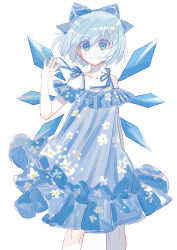 Rule 34 | 1girl, absurdres, alternate costume, blue bow, blue dress, blue eyes, blue hair, bow, cirno, closed mouth, cowboy shot, detached wings, dress, floral print dress, hair bow, highres, light smile, looking at viewer, shocho (shaojiujiu), simple background, solo, touhou, white background, wings