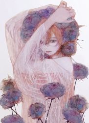 Rule 34 | 1girl, arms up, blonde hair, blue eyes, flower, from side, hands on own head, head wreath, highres, lace, looking to the side, muted color, off-shoulder shirt, off shoulder, original, peony (flower), see-through, shirt, solo, syalgu, white background