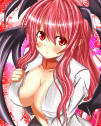 Rule 34 | 1girl, bad id, bad pixiv id, bat wings, blouse, breasts, cleavage, collarbone, head wings, highres, koakuma, large breasts, long hair, looking at viewer, no bra, open clothes, open shirt, pov, red eyes, red hair, shirt, smile, solo, touhou, undressing, vermentino, white shirt, wings