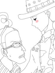 Rule 34 | 1boy, 1girl, age difference, blush stickers, breasts, collared shirt, eye contact, from side, galdino, glasses, half-closed eyes, hat, hetero, jitome, leaning back, lineart, lips, looking at another, lowres, miss goldenweek, nose, one piece, profile, sanpaku, shirt, short sleeves, simple background, small breasts, spot color, white background