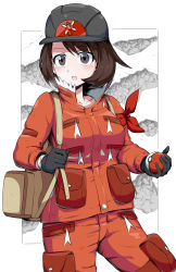 Rule 34 | 1girl, :o, backpack, bag, black gloves, blush, brown eyes, brown hair, collarbone, commentary request, cowboy shot, creatures (company), dynamax band, expedition uniform, game freak, gloria (pokemon), gloves, helmet, highres, holding, holding poke ball, holding strap, jacket, nintendo, open mouth, orange jacket, poke ball, poke ball (basic), pokemon, pokemon swsh, red ribbon, ribbon, shimure (460), short hair, solo, tongue