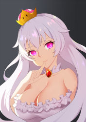 Rule 34 | 1girl, bare shoulders, black background, blush, breasts, brooch, c:, cleavage, closed mouth, collarbone, crown, dress, female focus, finger to mouth, frilled dress, frills, gem, ghost, gradient background, hair between eyes, hair flaps, hand up, head tilt, jewelry, large breasts, lips, long hair, looking at viewer, luigi&#039;s mansion, mario (series), neck, necklace, new super mario bros. u deluxe, nintendo, no gloves, pink eyes, princess king boo, red gemstone, shade, smile, solo, strapless, strapless dress, super crown, toki to shishin, upper body, white dress, white hair