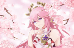 Rule 34 | blue eyes, cherry blossoms, detached sleeves, flower, genshin impact, hair ornament, long hair, looking at viewer, petals, pink hair, portrait, sirina, smile, solo, tree, yae miko
