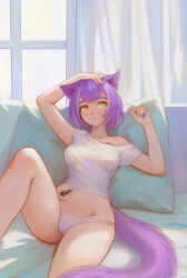 Rule 34 | 1girl, animal ears, arms up, blunt bangs, blush, breasts, cameltoe, cat ears, cat tail, cat tattoo, collarbone, covered navel, curtains, final fantasy, final fantasy xiv, flower tattoo, green eyes, hand on own head, hand up, heterochromia, highres, indoors, knee up, looking at viewer, lowleg, lowleg panties, medium breasts, miqo&#039;te, nose piercing, nose ring, orange eyes, panties, piercing, pillow, purple hair, purple nails, see-through, see-through shirt, shchrit, shirt, sitting, snake tattoo, solo, stomach tattoo, tail, tattoo, underwear, warrior of light (ff14), white panties, white shirt, window