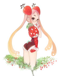 Rule 34 | 1girl, ass, flower, food, food as clothes, food-themed clothes, food-themed hair ornament, fruit, gigot sleeves, hair ornament, looking back, matayoshi, solo, strawberry, strawberry hair ornament, toothpaste, twintails, worm