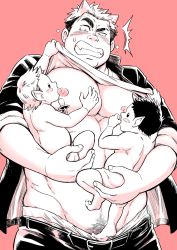Rule 34 | 1boy, 3boys, baby, baby carry, bara, bare pectorals, belt, blush, carrying, character request, clothes lift, draw two, hair horns, horns, large pectorals, lifting another&#039;s clothes, male focus, male pubic hair, male underwear, male underwear peek, male underwear pull, monster boy, multiple boys, muscular, muscular male, navel hair, nipples, oni horns, pacifier, pectorals, pointy ears, pubic hair, pubic hair peek, raised eyebrows, shirt lift, short hair, single horn, sleeves rolled up, solo, stomach, sucking male nipple, thick eyebrows, tohno motosumi, tokyo houkago summoners, underwear, upper body, wide-eyed