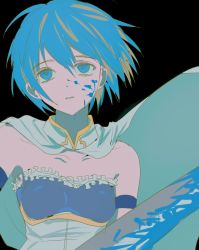 Rule 34 | 1girl, blood, blood on face, bloody weapon, blue blood, blue eyes, blue gloves, blue hair, cape, colored blood, flat color, floating cape, floating hair, gloves, goyang v, hair between eyes, highres, looking away, mahou shoujo madoka magica, mahou shoujo madoka magica (anime), miki sayaka, short hair, sleeveless, solo, sword, weapon