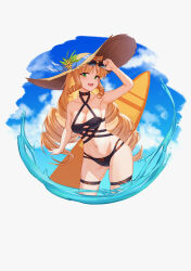 Rule 34 | :d, absurdres, adjusting eyewear, animal ears, arknights, arm up, armpits, bikini, black bikini, blonde hair, blue background, blue ribbon, blue sky, bow, bow bikini, breasts, brown bow, chinese commentary, cleavage, cleavage cutout, clothing cutout, cloud, cloudy sky, collarbone, commentary request, contrapposto, cowboy shot, criss-cross halter, cropped legs, drill hair, drill sidelocks, eyewear on head, fang, flower, gluteal fold, green eyes, groin, halterneck, hat, hat flower, hat ribbon, highleg, highleg bikini, highres, large breasts, leaf, light blush, long hair, looking at viewer, navel, open hand, open mouth, outdoors, outstretched arm, parted bangs, ribbon, shade, sideboob, sidelocks, skin fang, skindentation, sky, smile, standing, striped bikini, striped clothes, sun hat, sunflower, sunglasses, surfboard, swimsuit, swire (arknights), thigh strap, tiger ears, tiger girl, tongue, twin drills, two-tone background, very long hair, water, white background, xiang he he qunzi, yellow flower, yellow hat