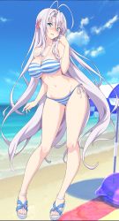 Rule 34 | 1girl, absurdres, beach, bikini, blue eyes, breasts, high school dxd, highres, large breasts, long hair, navel, rossweisse, silver hair, striped bikini, striped clothes, swimsuit
