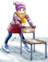 Rule 34 | 1girl, black pantyhose, chair, chutohampa, full body, gloves, hat, highres, ice skates, ice skating, motion blur, motion lines, open mouth, original, pantyhose, print sweater, purple gloves, purple hat, red skirt, scarf, signature, skates, skating, skirt, solo, standing, sweater, white footwear, winter clothes, yellow scarf