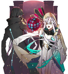 Rule 34 | 1boy, 88 taho, asclepius (fate), black jacket, blue hair, coat, crossed bangs, doctor, fate/grand order, fate (series), gas mask, green eyes, grey hair, hair between eyes, hood, hood up, hooded jacket, jacket, long hair, looking at viewer, male focus, mask, masked, mouth mask, multicolored hair, plague doctor mask, respirator, shirt, solo, very long hair, white coat, white hair