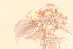 Rule 34 | ^ ^, bandeau, belt, blush, bracelet, brooch, cape, closed eyes, earrings, elbow gloves, floating cape, floating hair, gem, gloves, gold bracelet, gold earrings, high collar, highres, jewelry, lina inverse, long hair, loose belt, open mouth, orange hair, short sleeves, simple background, sketch, slayers, smile, solo, sukara-san, teeth, tunic, upper teeth only, very long hair