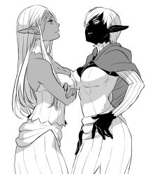 Rule 34 | 2girls, black skin, breast press, breasts, bustier, capelet, character request, cithis, cleavage, colored skin, crossed arms, dark-skinned female, dark elf, dark skin, dungeon meshi, elf, faceoff, facial mark, flamela, forehead mark, gorget, greyscale, hands on own hips, highres, jack (haist), large breasts, long hair, medium breasts, monochrome, multiple girls, pointy ears, short hair, symmetrical docking, white background