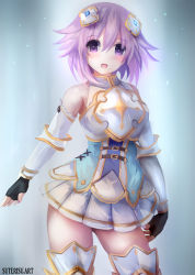Rule 34 | 1girl, bad id, bad pixiv id, bare shoulders, blue eyes, blush, breasts, four goddesses online: cyber dimension neptune, hair ornament, long hair, looking at viewer, neptune (neptunia), neptune (series), open mouth, purple eyes, purple hair, smile, solo, suterisu
