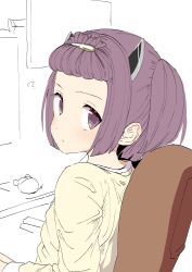 Rule 34 | 1girl, ?, bangs pinned back, blush, chair, commentary request, expressionless, hair ornament, hairclip, headgear, looking at viewer, mouse (computer), purple eyes, purple hair, shirt, short hair, sitting, sketch, solo, tottotonero, touhoku kiritan, upper body, voiceroid, yellow shirt