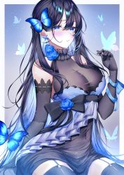 Rule 34 | 1girl, absurdres, bare shoulders, black bow, black dress, black gloves, black hair, blue eyes, blue flower, blue hair, blue rose, blush, border, bow, breasts, bug, butterfly, butterfly earrings, butterfly hair ornament, cleavage, commentary, covered navel, dress, earrings, elbow gloves, flower, frills, garter straps, ggatip, gloves, gradient background, hair ornament, hair ribbon, hand up, highres, insect, jewelry, large breasts, light particles, long hair, multicolored hair, original, outside border, parted lips, ribbon, ribbon-trimmed gloves, ribbon trim, rose, sitting, smile, solo, straight hair, thighhighs, two-tone hair, very long hair, white border