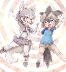 Rule 34 | 2girls, animal ears, bandaid, bandaid on face, bike shorts, bird tail, bird wings, blue eyes, boots, bracelet, commentary request, dog (mixed breed) (kemono friends), dog ears, dog tail, elbow gloves, fang, fur trim, gloves, greater roadrunner (kemono friends), green eyes, grey hair, harness, head wings, holding hands, jacket, jewelry, jumping, kemono friends, kemono friends 2, kolshica, midair, multicolored hair, multiple girls, one eye closed, open mouth, pantyhose, pleated skirt, shirt, shoes, short hair, short sleeves, skirt, sneakers, t-shirt, tail, vest, wings