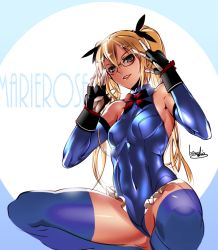 Rule 34 | bare shoulders, black ribbon, blonde hair, blue eyes, blue one-piece swimsuit, blue thighhighs, bowalia, breasts, covered navel, dead or alive, dead or alive 5, detached sleeves, frilled leotard, frills, hair ribbon, leotard, long hair, marie rose, one-piece swimsuit, ribbon, skin tight, small breasts, solo, swimsuit, thighhighs, twintails
