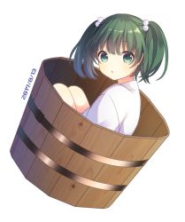 Rule 34 | 1girl, blush, bucket, dated, green eyes, green hair, hair bobbles, hair ornament, kisume, looking at viewer, parted lips, short hair, short twintails, solo, touhou, twintails, yamayu