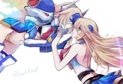 Rule 34 | 2girls, back, backless outfit, bare back, blazblue, blonde hair, blue eyes, couple, dual persona, eye contact, female focus, forehead protector, gloves, green eyes, hair ornament, long hair, looking at another, mu-12, multiple girls, navel, necktie, noel vermillion, selfcest, skirt, yuri, yuuka seisen