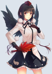 Rule 34 | 1girl, bad id, bad pixiv id, bird wings, black hair, black wings, brown gloves, cibo (killy), hand fan, gloves, hand on own chest, hat, hat ribbon, highres, long sleeves, looking at viewer, pom pom (clothes), red eyes, ribbon, shameimaru aya, shirt, skirt, solo, tokin hat, touhou, wings