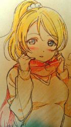 Rule 34 | 10s, 1girl, ayase eli, blonde hair, blue eyes, blush, breath, long sleeves, looking at viewer, love live!, love live! school idol project, murota yuuhei, parted lips, photo (medium), ponytail, red scarf, scarf, scrunchie, sketch, solo, traditional media, upper body