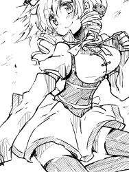 Rule 34 | 10s, 1girl, breasts, bustier, drill hair, greyscale, hair ornament, large breasts, lingerie, magical girl, mahou shoujo madoka magica, mahou shoujo madoka magica (anime), monochrome, myama, solo, striped clothes, striped thighhighs, thighhighs, tomoe mami, twin drills, underwear