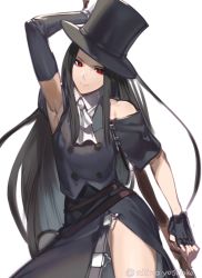 Rule 34 | 1other, akisa yositake, armpits, ascot, bare shoulders, black gloves, black hair, black hat, closed mouth, fingerless gloves, gloves, guilty gear, guilty gear strive, hat, long hair, looking at viewer, other focus, red eyes, scythe, simple background, smile, solo, testament (guilty gear), thighs, twitter username, white ascot, white background