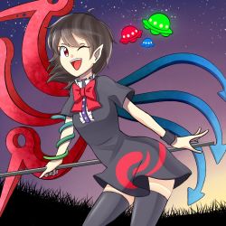 Rule 34 | 1girl, ;d, asymmetrical wings, black hair, black thighhighs, bow, cowboy shot, gradient ray, grass, houjuu nue, one eye closed, open mouth, pointy ears, polearm, red eyes, short hair, smile, snake, solo, star (symbol), thighhighs, touhou, trident, ufo, weapon, wings, zettai ryouiki