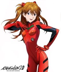 Rule 34 | 00s, 1girl, :d, blue eyes, bodysuit, bracer, breasts, brown hair, copyright name, cowboy shot, english text, evangelion: 2.0 you can (not) advance, gloves, hair between eyes, hair ornament, hand on own chest, hand on own hip, happy, hip focus, logo, long hair, neon genesis evangelion, official art, open mouth, orange hair, pilot suit, plugsuit, rebuild of evangelion, red hair, simple background, skinny, small breasts, smile, solo, souryuu asuka langley, turtleneck, two side up, white background
