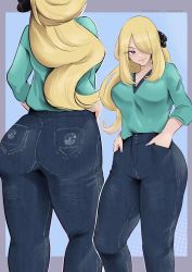 Rule 34 | 1girl, ass, blonde hair, blue eyes, blue shirt, breasts, cleavage, creatures (company), cynthia (pokemon), denim, game freak, grey shirt, hair ornament, hair over one eye, hands in pockets, highres, jeans, large breasts, long hair, nintendo, pants, pokemon, pokemon (anime), pokemon journeys, pokemon swsh122, shirt, v-neck, vialnite, wavy hair