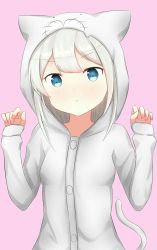 Rule 34 | 1girl, :t, absurdres, animal ears, animal hood, azur lane, blue eyes, blush, breasts, cat ears, cat girl, cat hood, cat tail, closed mouth, commentary, hammann (azur lane), hands up, highres, hood, hood up, hooded jacket, jacket, long hair, long sleeves, pink background, pout, silver hair, simple background, sleeves past wrists, small breasts, solo, symbol-only commentary, tail, tail raised, white jacket, yuujoduelist
