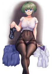 Rule 34 | 1girl, :o, absurdres, black footwear, black pantyhose, blue eyes, blue skirt, bra, bra visible through clothes, breasts, collarbone, covered navel, feet out of frame, glasses, green hair, high-waist pantyhose, highres, large breasts, loafers, looking at viewer, nicchi, original, panties, panties under pantyhose, pantyhose, parted lips, pleated skirt, shirt, unworn shirt, shoes, short hair, short sleeves, sitting, skirt, unworn skirt, solo, thighband pantyhose, tied shirt, underwear, undressing, wet, wet clothes, wet shirt, white bra, white panties, white shirt