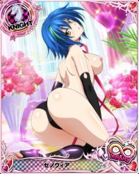 Rule 34 | 10s, 1girl, ass, blue hair, blush, breasts, catsuit, censored, elbow gloves, gloves, heart, high school dxd, kanji, looking at viewer, looking back, mobage cards, nipples, open mouth, rose, short hair, solo, text focus, thighs, tongue, topless, window, xenovia quarta, yellow eyes