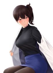 Rule 34 | 1girl, black sweater, blue skirt, blush, breasts, brown eyes, brown hair, brown pantyhose, coat, contemporary, kaga (kancolle), kantai collection, large breasts, long hair, long sleeves, official alternate costume, pantyhose, pencil skirt, side ponytail, simple background, sitting, skirt, solo, sweater, wa (genryusui), white background, white coat