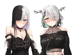 Rule 34 | 2girls, absurdres, alternate costume, alternate hair color, antlers, black hair, black shirt, blush, braid, breasts, ceres fauna, chain, choker, cleavage, crop top, ear piercing, flower, goth fashion, hair flower, hair ornament, hair over one eye, highres, hololive, hololive english, hololive indonesia, horns, large breasts, long sleeves, mole, mole under eye, multicolored hair, multiple girls, navel, pavolia reine, piercing, shirt, simple background, travagar, two-tone hair, virtual youtuber, white background, white hair