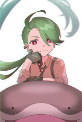 1girl ahoge blurry blurry_background bright_pupils chromatic_aberration clodsire closed_mouth collared_shirt commentary_request creatures_(company) earrings floating_hair game_freak gloves green_hair hair_between_eyes head_rest highres jewelry long_hair looking_at_viewer necktie nintendo nisanrei121 pink_eyes pokemon pokemon_(creature) pokemon_sv rika_(pokemon) shirt sleeves_rolled_up smile suspenders white_background