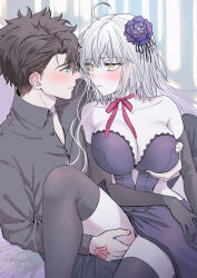 Rule 34 | 1boy, 1girl, ahoge, alternate costume, bare shoulders, black dress, black gloves, black hair, black pants, black shirt, black thighhighs, blue eyes, grabbing another&#039;s breast, breasts, cleavage, commentary request, dress, elbow gloves, fate/grand order, fate (series), flower, fujimaru ritsuka (male), gloves, grabbing, grey hair, hair flower, hair ornament, hand on another&#039;s thigh, hetero, highres, jeanne d&#039;arc alter (fate), large breasts, long hair, long sleeves, looking at another, official alternate costume, omizu (omz), pants, purple flower, purple rose, rose, shirt, short hair, sitting, sitting on lap, sitting on person, strapless, strapless dress, thighhighs, twitter username, very long hair, yellow eyes