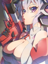 Rule 34 | 1girl, :o, arm guards, bare shoulders, black gloves, blush, breasts, chiharu (9654784), cleavage, cleavage cutout, clothing cutout, commentary request, gloves, gradient background, grey background, gun, hair between eyes, headgear, highres, holding, holding gun, holding weapon, large breasts, long hair, open mouth, purple eyes, senki zesshou symphogear, silver hair, solo, upper body, weapon, yukine chris