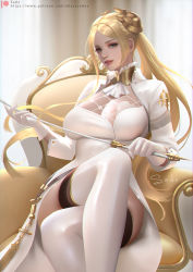 Rule 34 | blonde hair, blue eyes, breasts, chair, collar, crossed legs, gloves, indoors, large breasts, long hair, nier (series), nier:automata, parted lips, sade abyss, signature, sitting, skindentation, thighhighs, weapon, white thighhighs, commander (nier:automata), zettai ryouiki