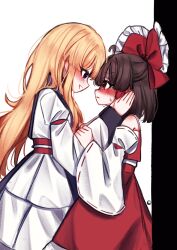 Rule 34 | 2girls, absurdres, bare shoulders, blonde hair, blush, bow, brown hair, detached sleeves, dress, eye contact, frilled bow, frills, hair bow, hakurei reimu, highres, holding another&#039;s arm, holding another&#039;s head, long hair, long sleeves, looking at another, multiple girls, no headwear, red bow, red skirt, red vest, skirt, standing, sweat, tohou89, touhou, vest, white background, white dress, white sleeves, wide sleeves, yakumo yukari, yuri