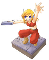 Rule 34 | 1girl, arm up, blonde hair, blue eyes, boots, crop top, curly brace, doukutsu monogatari, faux figurine, gun, isometric, kasuga yukihito, midriff, open mouth, outstretched arms, solo, tank top, weapon