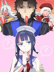 Rule 34 | 2boys, 2girls, ?, absurdres, arjuna (fate), arjuna alter (fate), beret, black hair, black jacket, blue eyes, blue horns, blue sailor collar, blush, braid, breasts, brooch, brown eyes, brown hair, caren hortensia, caren hortensia (amor caren), caren hortensia (amor caren) (second ascension), churro, cup, dark-skinned male, dark skin, dress, drinking glass, fate/grand order, fate (series), full-face blush, hat, highres, horns, house tag denim, jacket, jewelry, kotomine kirei, large breasts, long hair, long sleeves, looking at viewer, low twin braids, medium breasts, medium hair, multicolored hair, multiple boys, multiple girls, neck ribbon, neck ring, neckerchief, necklace, open mouth, parted bangs, pink hair, priest, rasputin (fate), red dress, red headwear, ribbon, sailor collar, sailor hat, shirt, short hair, sidelocks, sleeveless, sleeveless shirt, smile, spicy, stole, streaked hair, twin braids, utsumi erice, utsumi erice (swimsuit avenger), utsumi erice (swimsuit avenger) (second ascension), wavy hair, white hair, white headwear, white shirt, yellow eyes